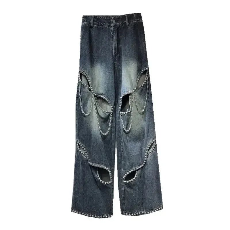 Women's Rivet Cut - Out Chain Detail Wide - Leg Jeans - HalleBeauty